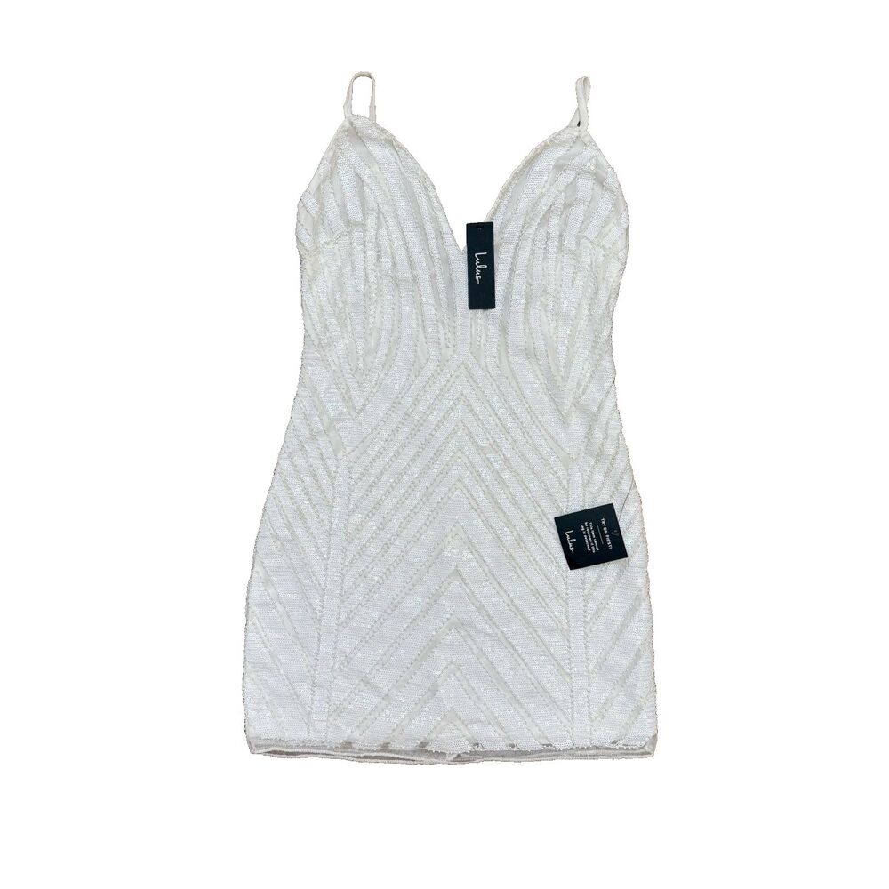 Lulus White Mini Bodycon Dress L 10541 White Beaded Sequins Sleeveless NWT